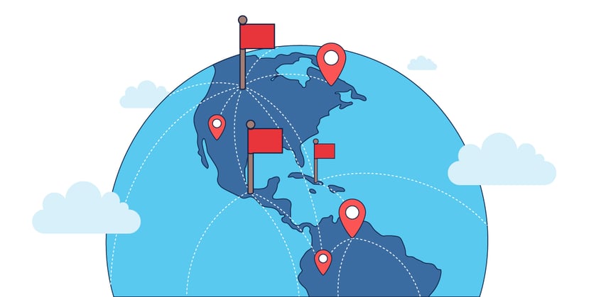 Globe with red flags and location pins