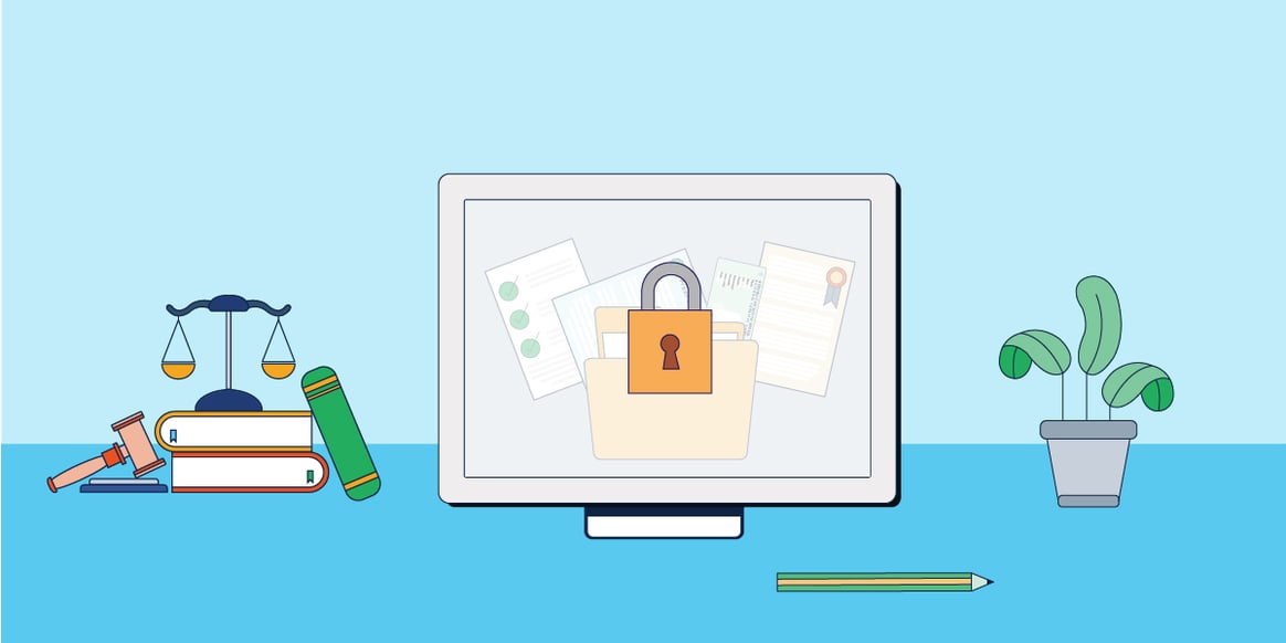 Locked computer with law scale and books on a table